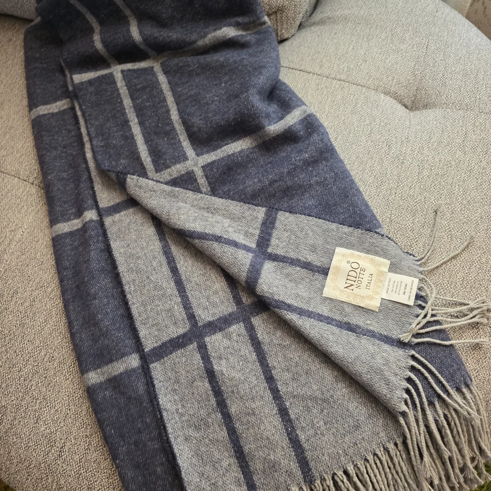 Nido Notte Italian Knit Blanket Plaid Dusty Blue Cotton Blend Soft Throw